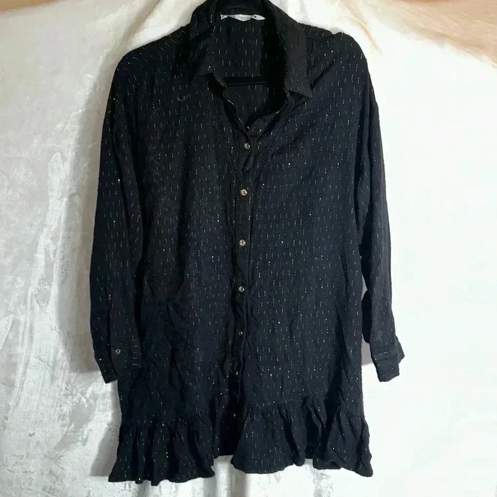 Zara Black and Gold Flowy Shirt Dress